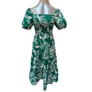 Meadow Rhodes Green Leaf Print Cotton Midi Dress Women's Petite Medium Green